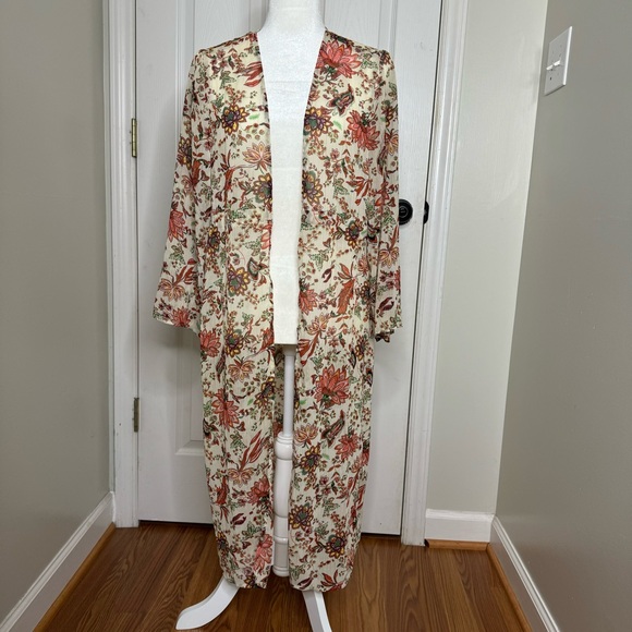 RD and Koko Tops - RD‎ & Koko Sheer Long Kimono Open Front Boho Floral Cardigan Sheer Longline Sz S